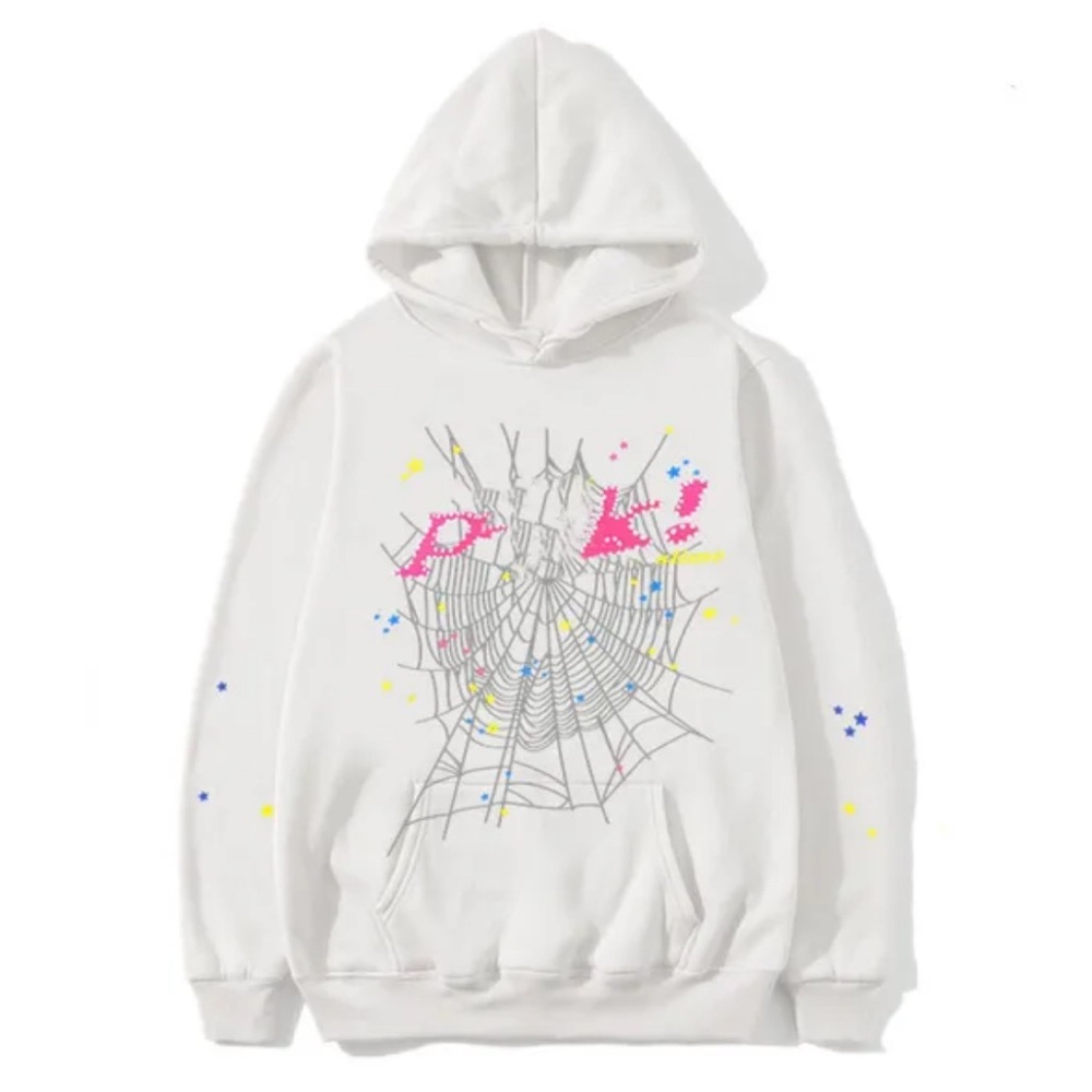 White Hoodie with Spider Web and Pink Accents